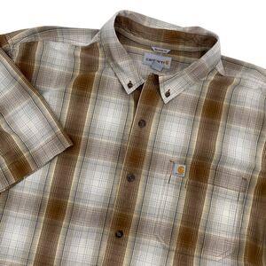 Carhartt Mens‎ 2XL Relaxed Fit Short Sleeve Plaid Button Down Shirt Brown